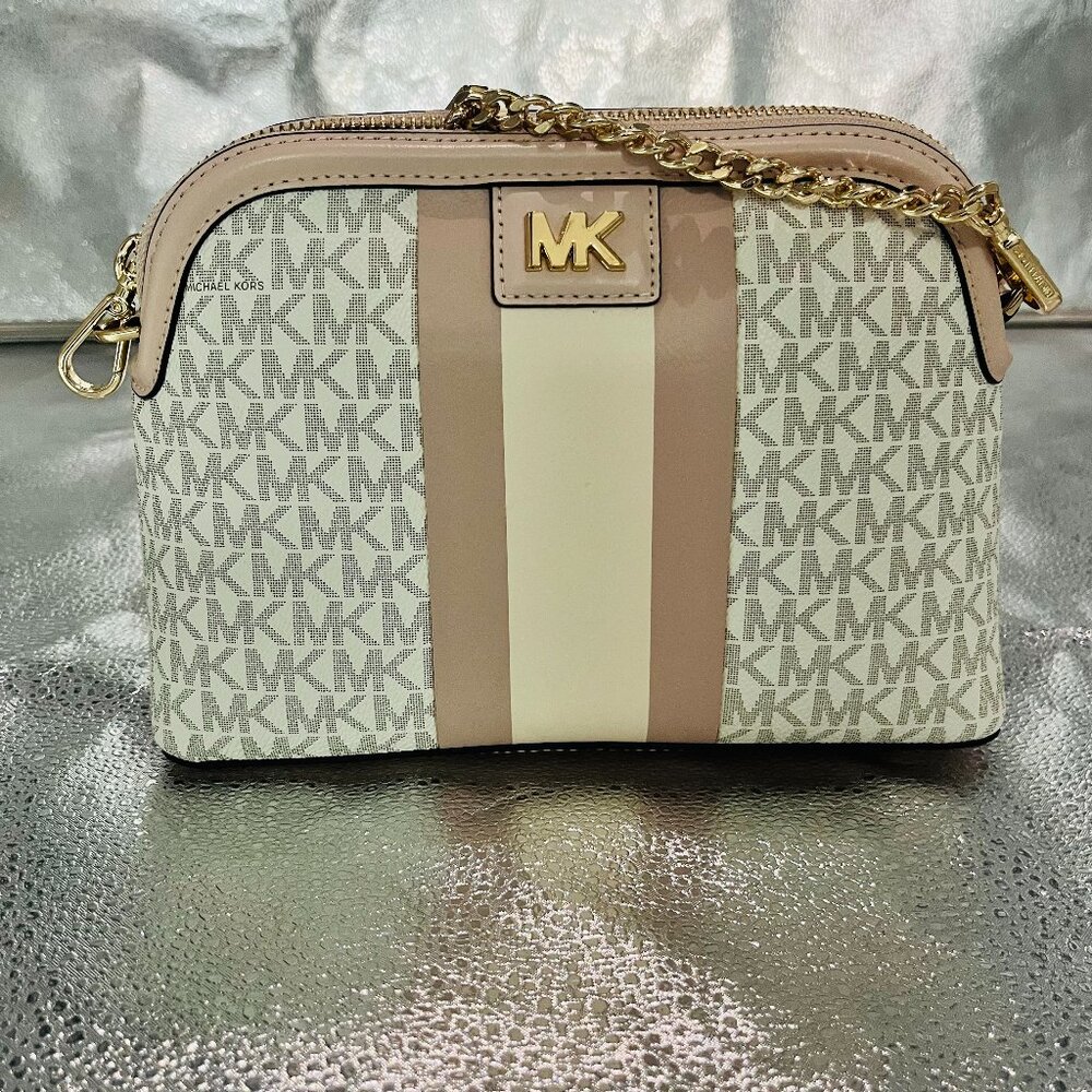 Michael Kors Dome Crossbody Bag Ivory Beige Women's Chain Strap Monogram NWT